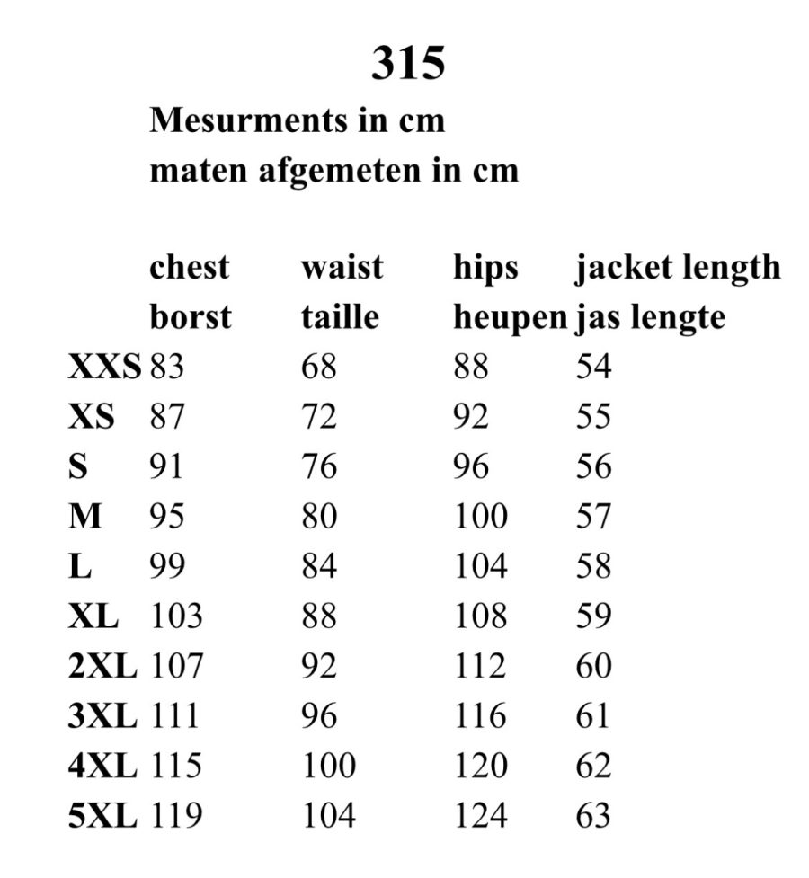 315 maattabel