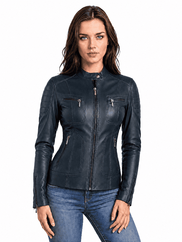 leren biker jas dames blauw Miami Versano