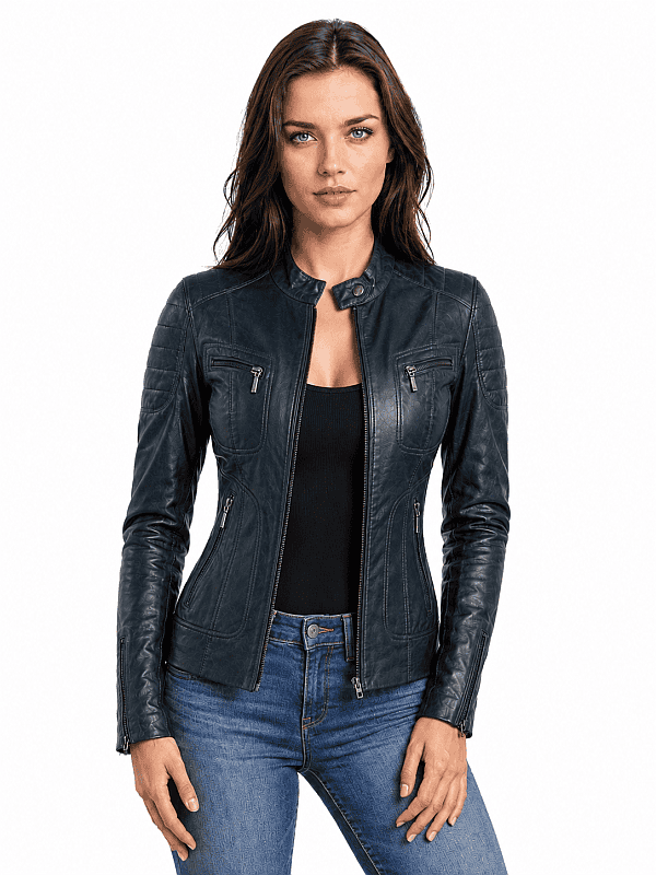 leren biker jas dames blauw Miami Versano