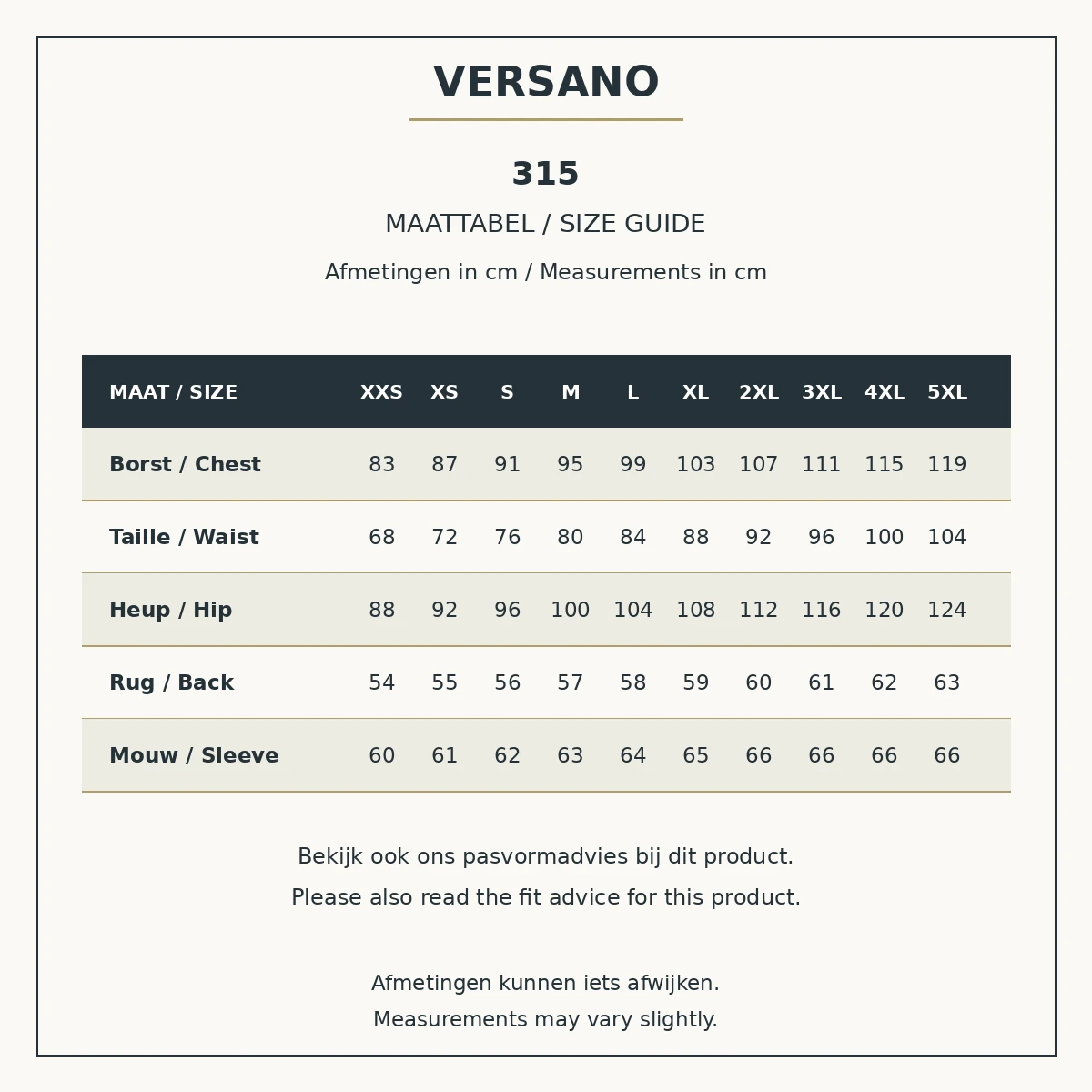 Maattabel Versano 315, XXS tot en met 5XL, met borst, taille, heup, rug en mouw in centimeters, Nederlands en Engels.