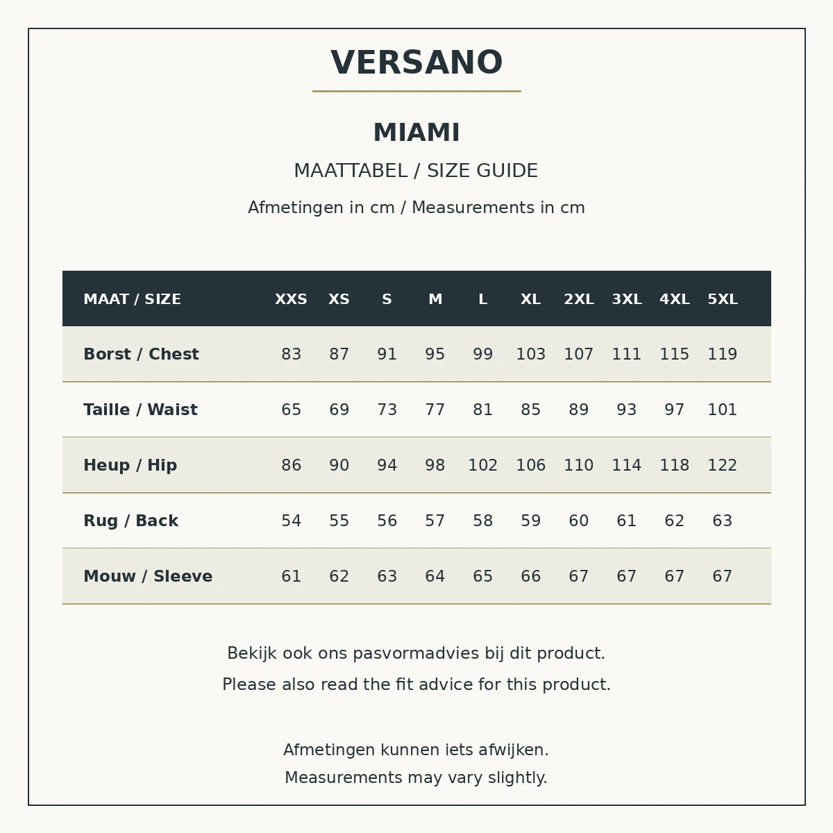 Maattabel Versano Miami, XXS tot en met 5XL, met borst, taille, heup, rug en mouw in centimeters, Nederlands en Engels.
