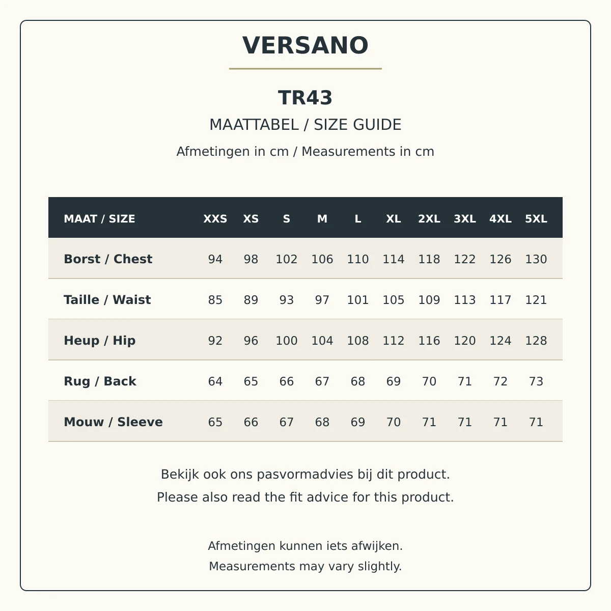 TR43 maattabel XXS tot en met 5XL in Nederlands en Engels