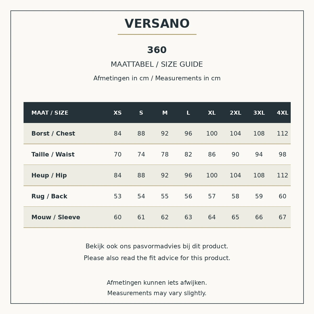 Maattabel Versano 360, XS tot en met 4XL, met lichaamsmaten voor borst, taille en heup, rug- en mouwlengte in centimeters, Nederlands en Engels.