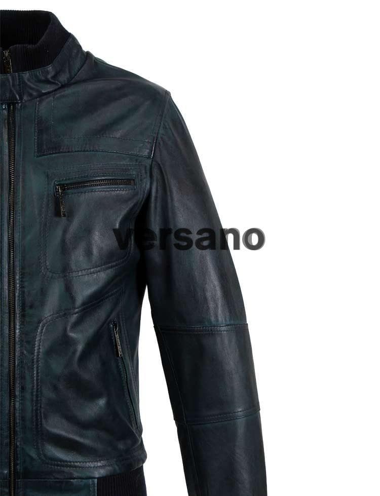 Blauwe leren herenjas met ribband - Afbeelding 5