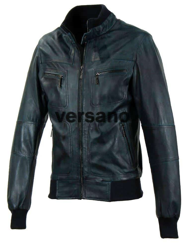 Blauwe leren herenjas met ribband - Afbeelding 4