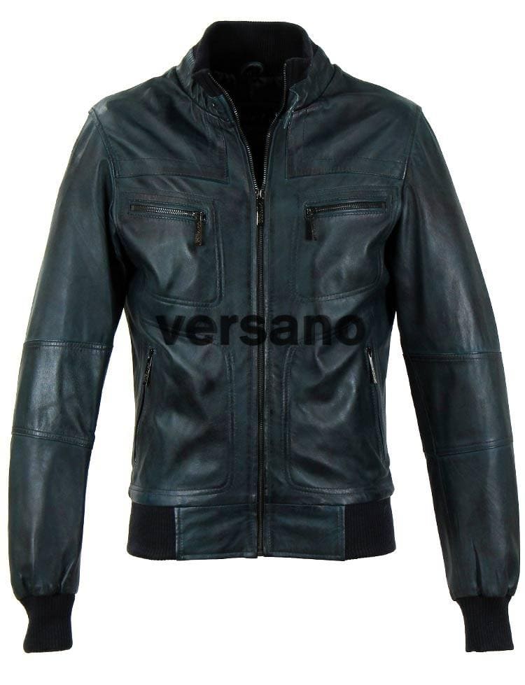 Blauwe leren herenjas met ribband