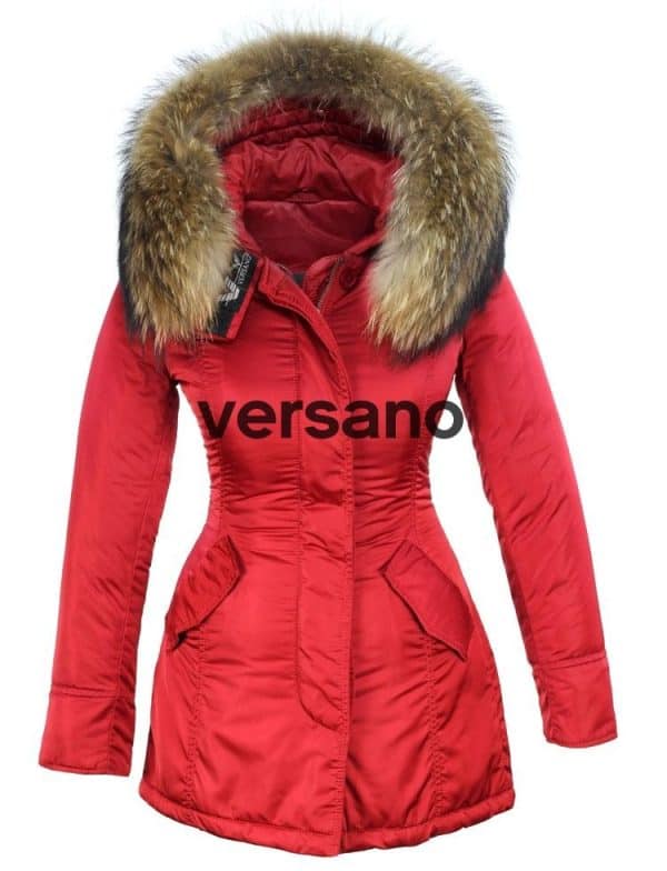 Rode dames parka winterjas met bontkraag van Versano