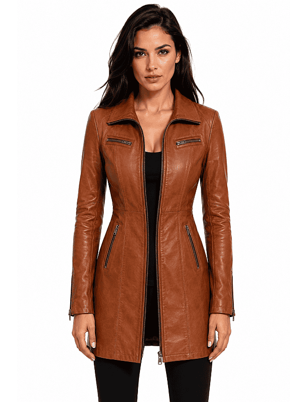 chaqueta de cuero de media longitud señoras coñac 312 Versano