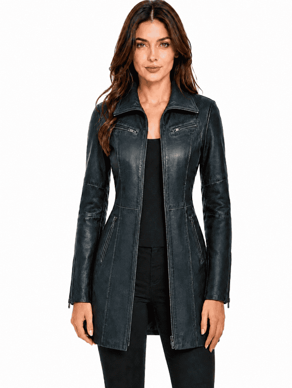 leather ladies jacket long 312 blue Versano