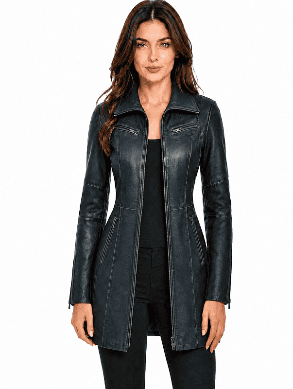 Leder Damenjacke lang 312 blau Versano