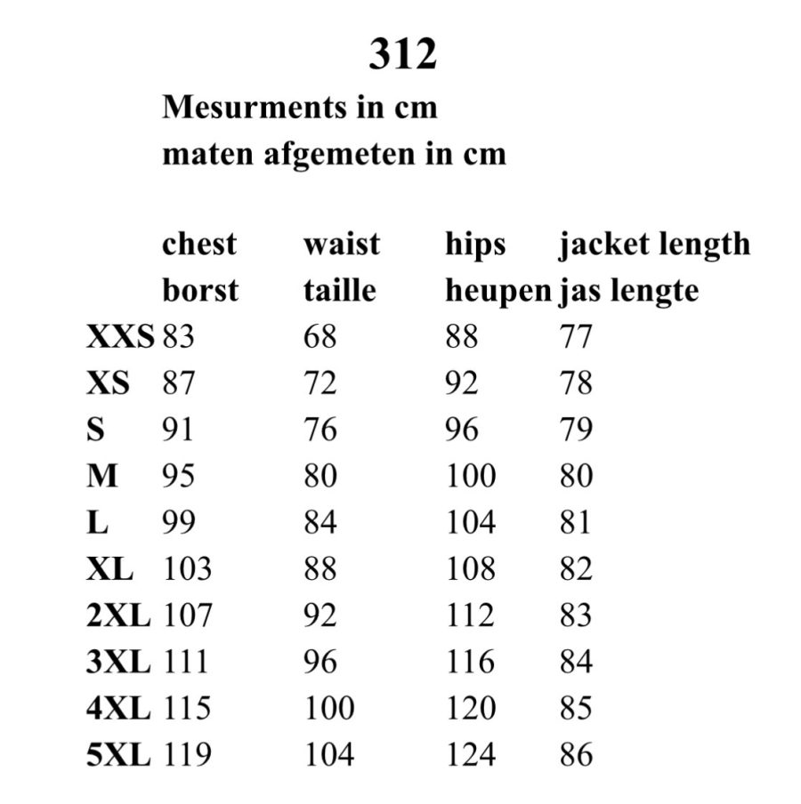 312 maattabel