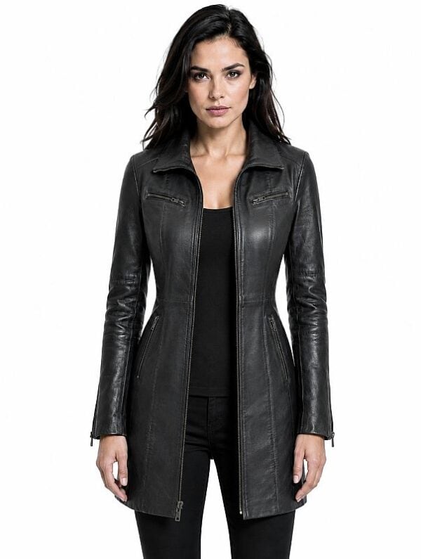 long ladies leather jacket black 312 Versano