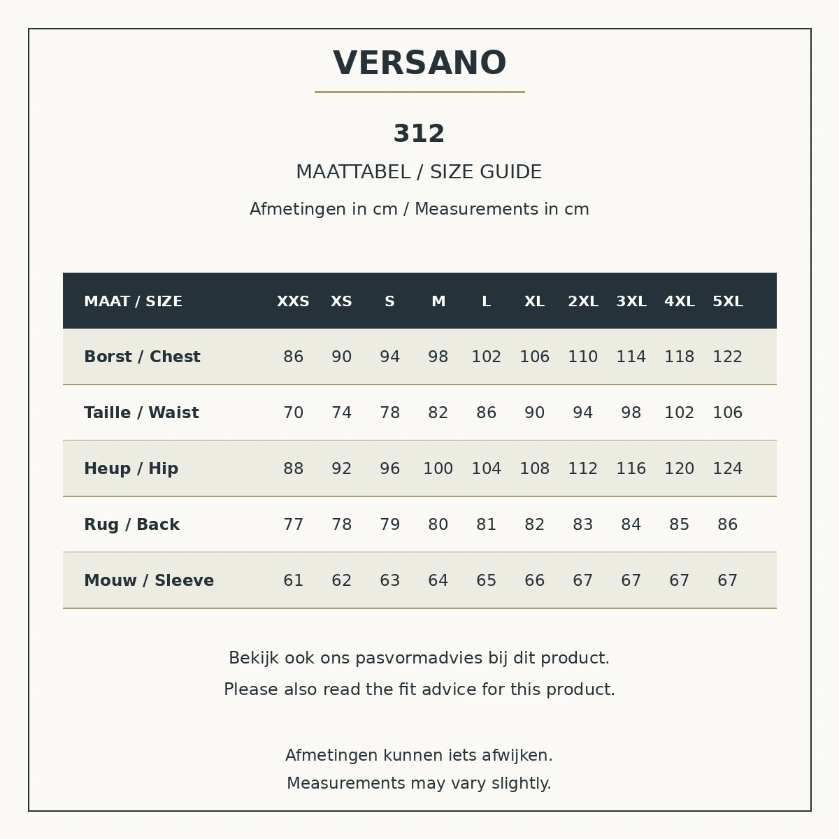 Maattabel Versano 312, XXS tot en met 5XL, met borst, taille, heup, rug en mouw in centimeters, Nederlands en Engels.