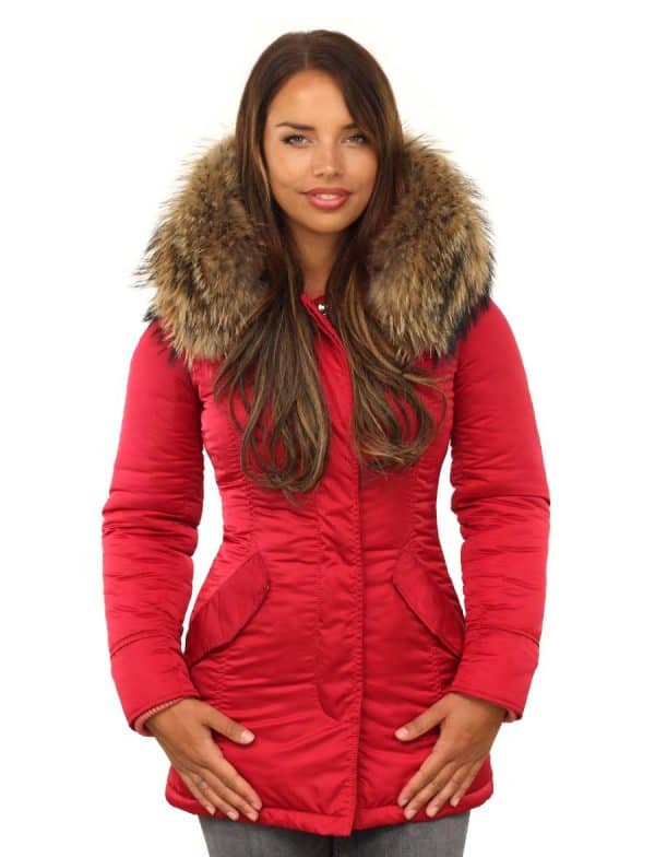 Rode dames parka winterjas met bontkraag van Versano