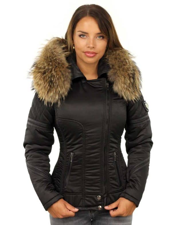 Zwarte winterjas dames met bontkraag van Versano