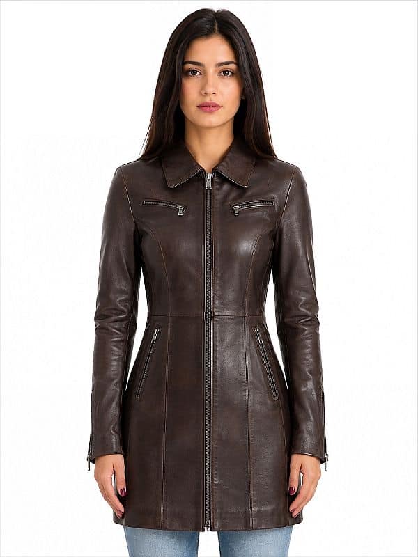 Damesmodel draagt een halflange bruine leren jas met ritsdetails, passend bij de collectie van Versano.