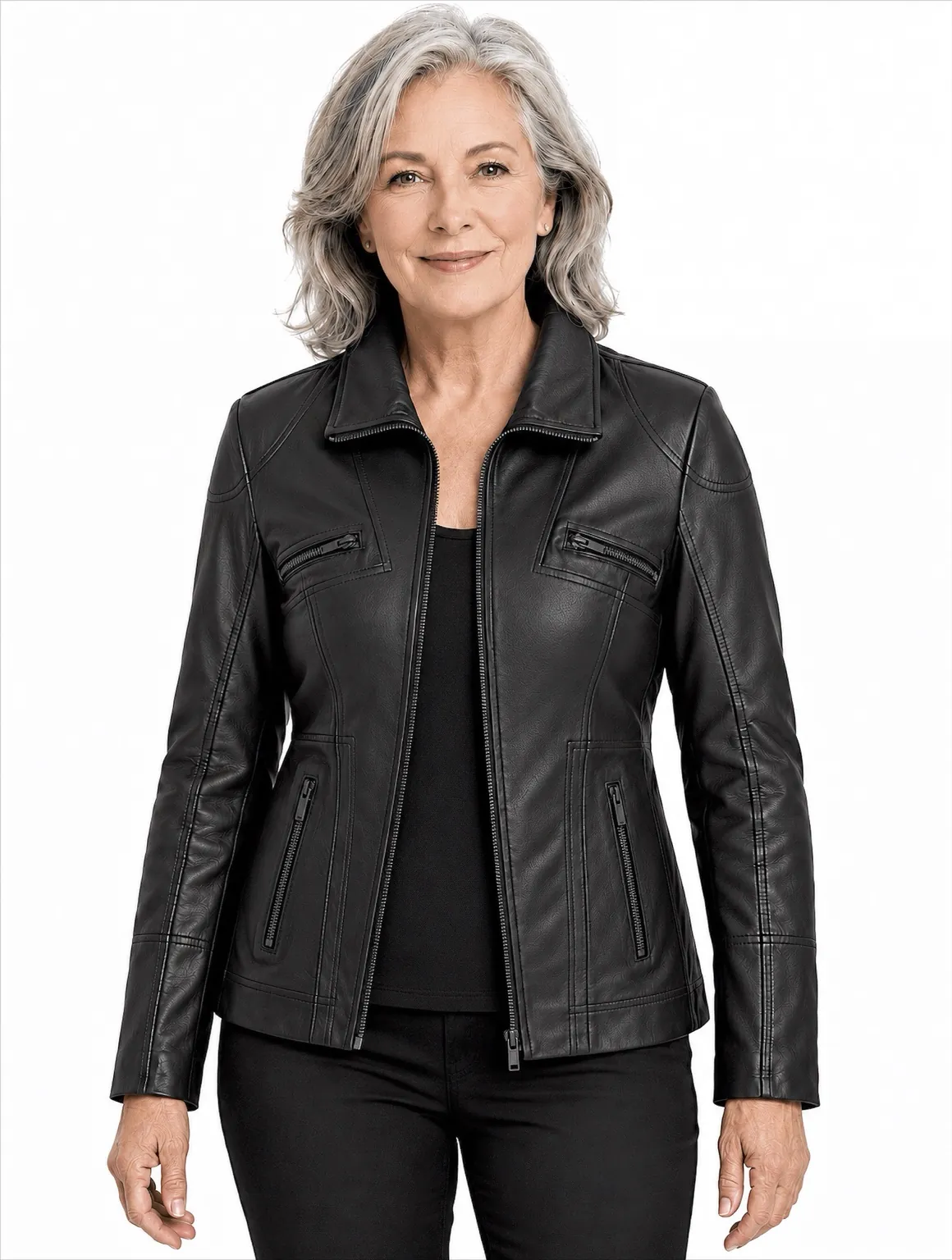 Modieuze zwarte leren damesjas Pino met ruime pasvorm, perfect voor een stijlvolle en comfortabele look.