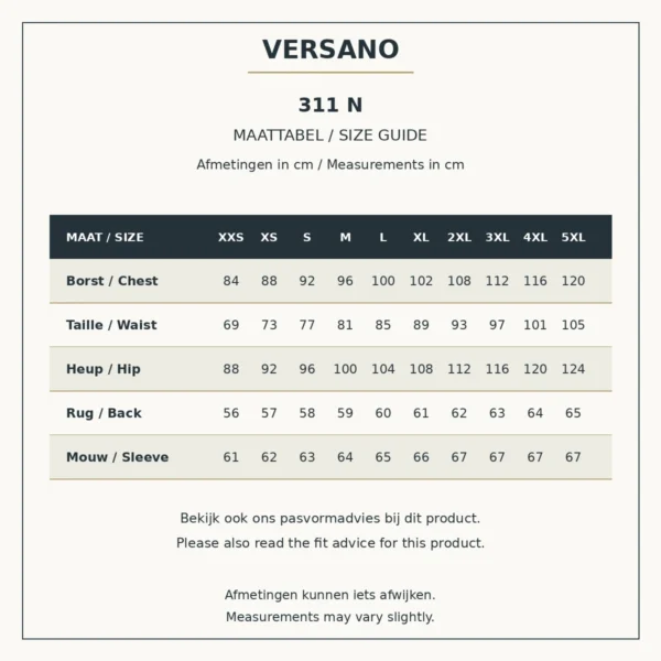 Maattabel Versano 311 N, XXS tot en met 5XL, met lichaamsmaten voor borst, taille en heup, rug- en mouwlengte in centimeters, Nederlands en Engels.