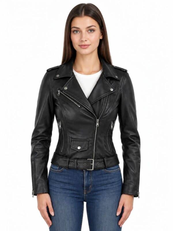 Zwarte leren bikerjas dames Versano 350 van voren met asymmetrische rits en riem