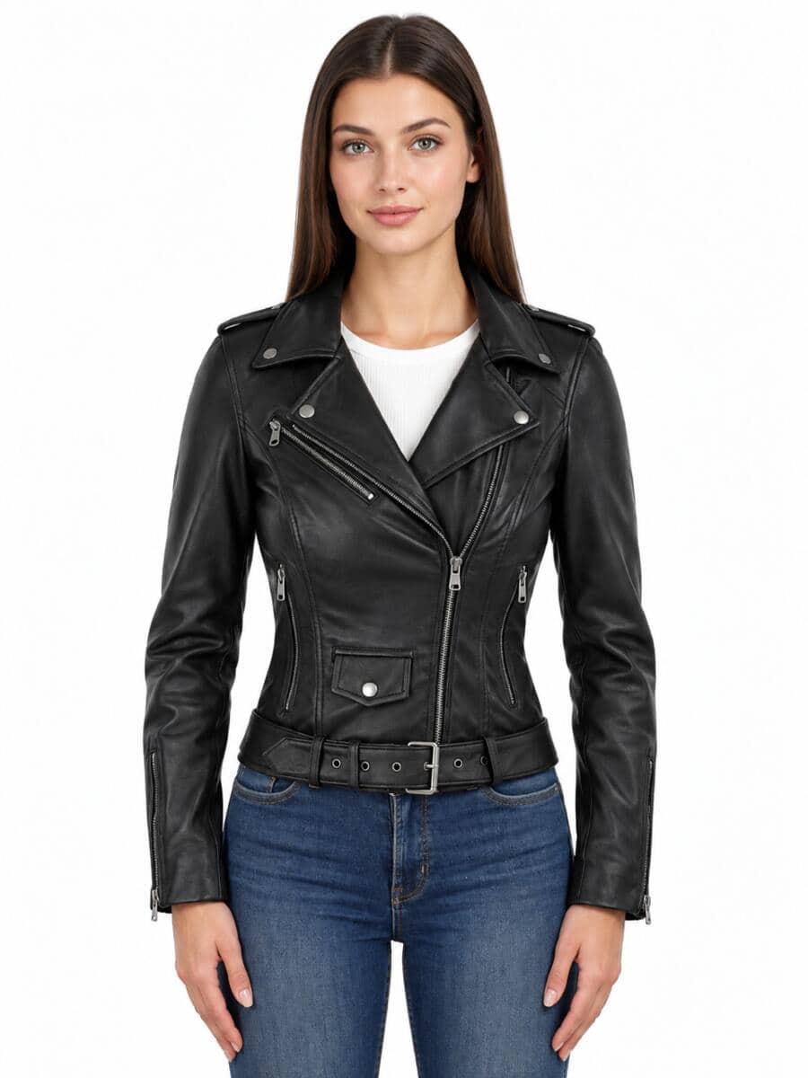 Zwarte leren bikerjas dames Versano 350 van voren met asymmetrische rits en riem