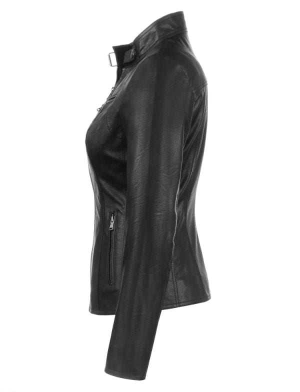 Elegante zwarte leren damesjas met ritsdetails, perfect voor stijlvolle outfits en koude dagen.