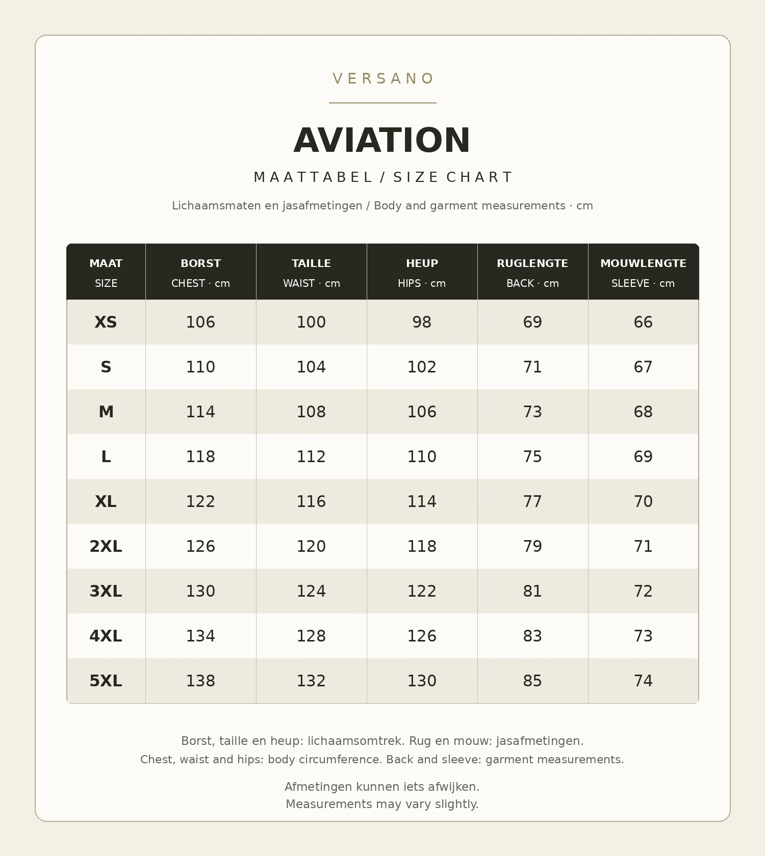 Versano Aviation maattabel XS tot 5XL: lichaamsmaten voor borst, taille en heup; rug en mouw zijn jasafmetingen