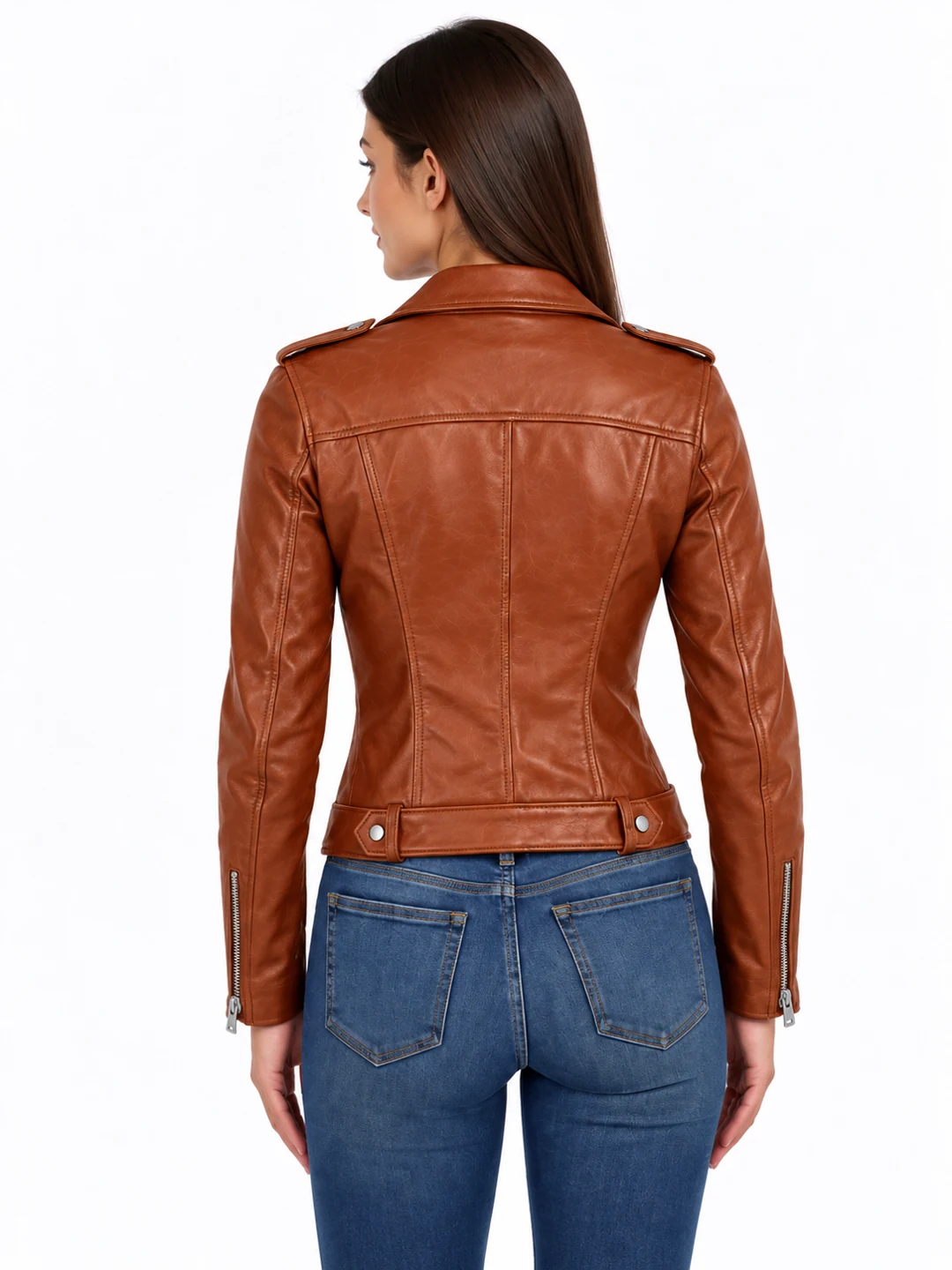 Cognac leren bikerjas dames Versano L350, achteraanzicht met getailleerde rugnaden en riem.