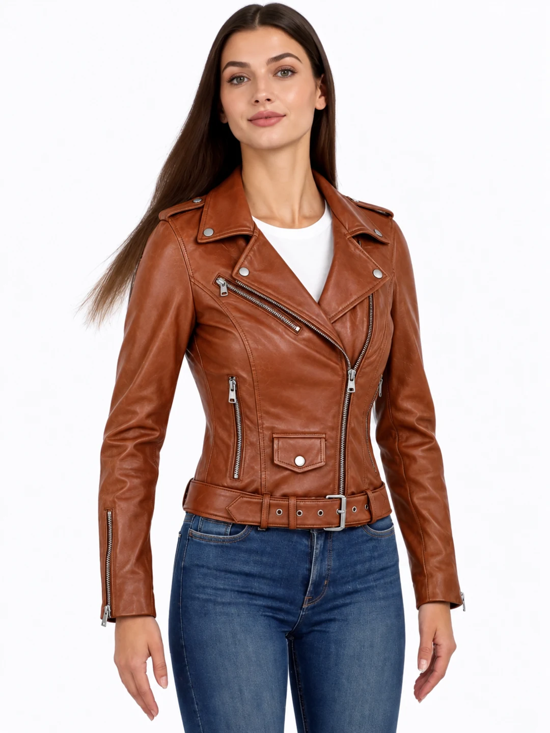 Versano L350 cognac leren bikerjas, gesloten vooraanzicht