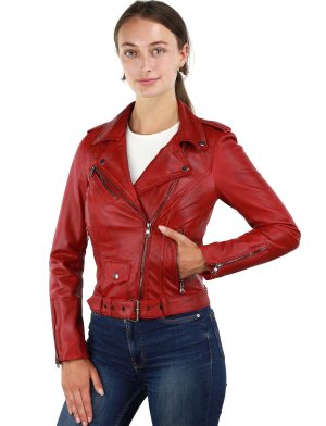 Damen Leder Bikerjacke mit Gürtel Rot Versano 350