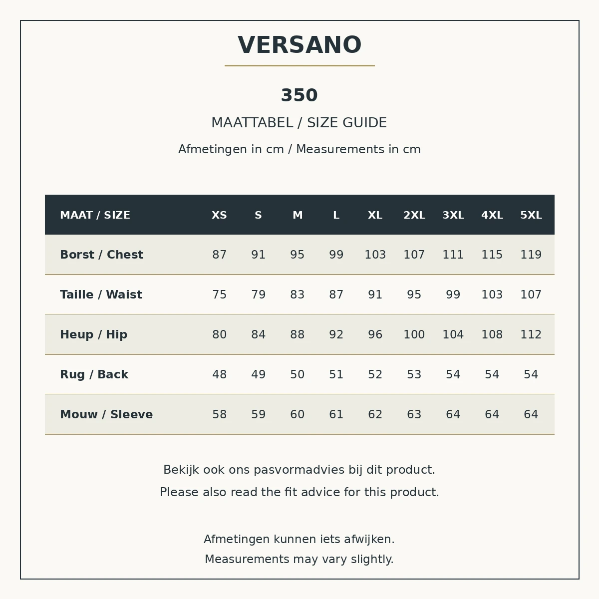 Maattabel Versano 350, XS tot en met 5XL, met lichaamsmaten voor borst, taille en heup, rug- en mouwlengte in centimeters, Nederlands en Engels.