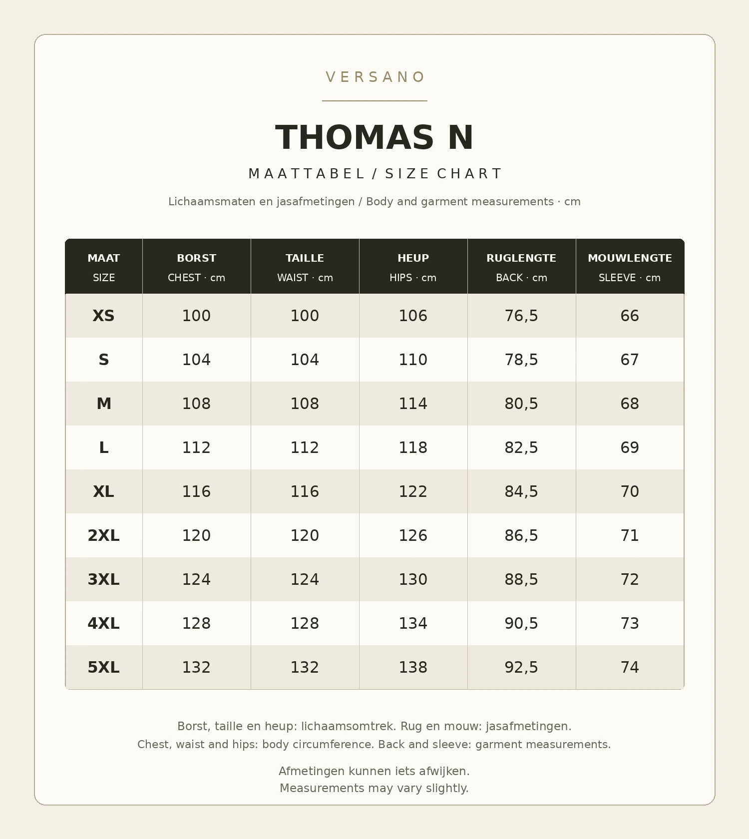 Versano Thomas N maattabel XS tot 5XL: borst, taille en heup zijn lichaamsmaten; rug en mouw zijn jasafmetingen