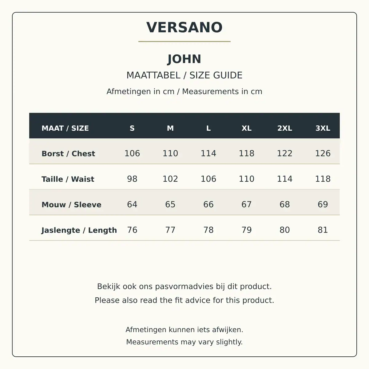 Maattabel John herenmantel van Versano: borst, taille, mouwlengte en jaslengte in centimeters, maten S tot en met 3XL.