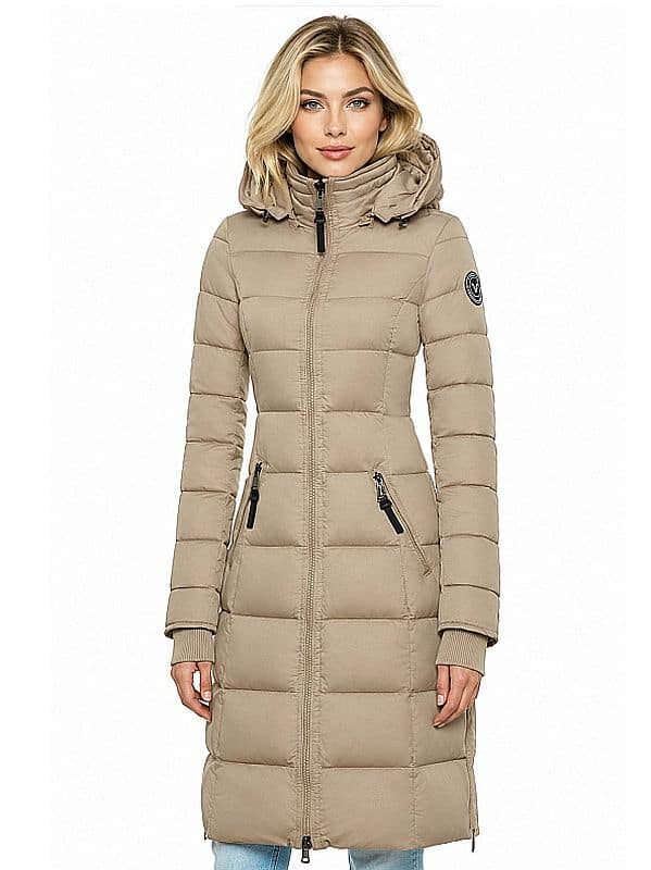 Lange ecru dames winterjas met capuchon en ritsdetails, perfect voor koude winterdagen, van Versano.