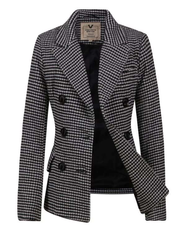 Modieuze dames korte grijze mantel met ruitpatroon, perfect voor de herfst en winter, van Versano.