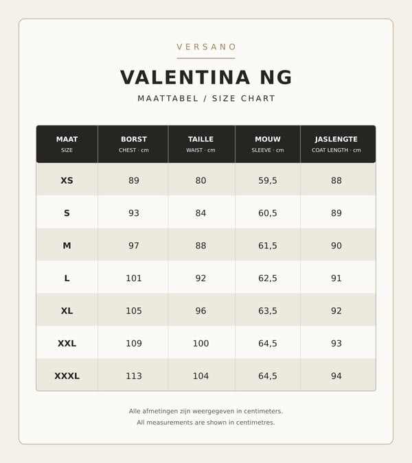 Tweetalige maattabel voor Valentina NG damesmantels met maten XS tot XXXL