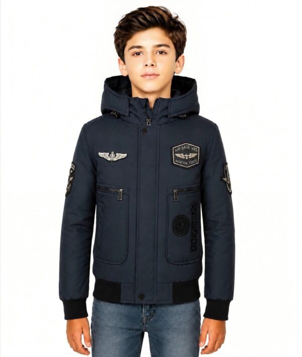 Donkerblauwe Levi pilot winterjas voor jongens zonder bontkraag, met capuchon en patches