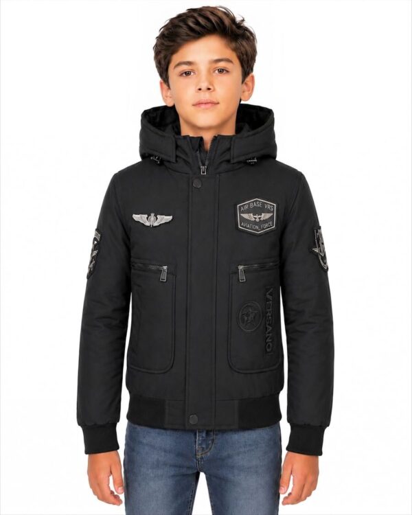 Zwarte Levi pilot winterjas voor jongens zonder bontkraag, met capuchon en patches