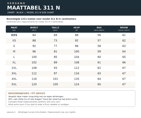 Maattabel Versano 311 N zwart: XXS tot 5XL met borst-, taille-, heup-, rug- en mouwafmetingen in cm