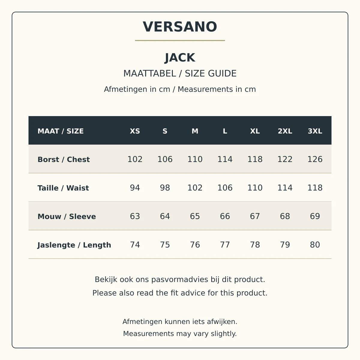 Maattabel Jack herenmantel van Versano, XS tot en met 3XL, Nederlands en Engels.