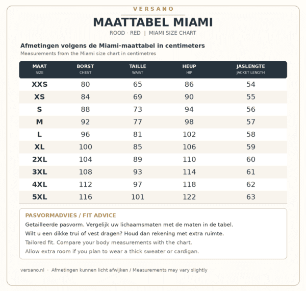 Maattabel Versano Miami rood met borst, taille, heup en jaslengte in cm, XXS tot 5XL