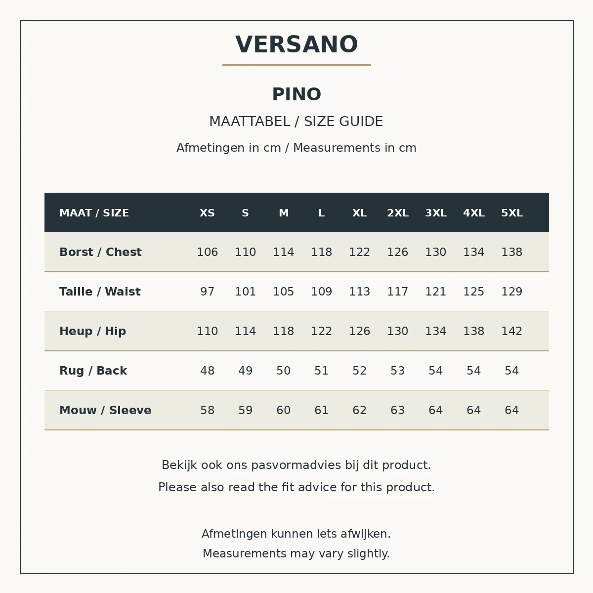 Maattabel Versano Pino, XS tot en met 5XL, met lichaamsmaten voor borst, taille en heup, rug- en mouwlengte in centimeters, Nederlands en Engels.