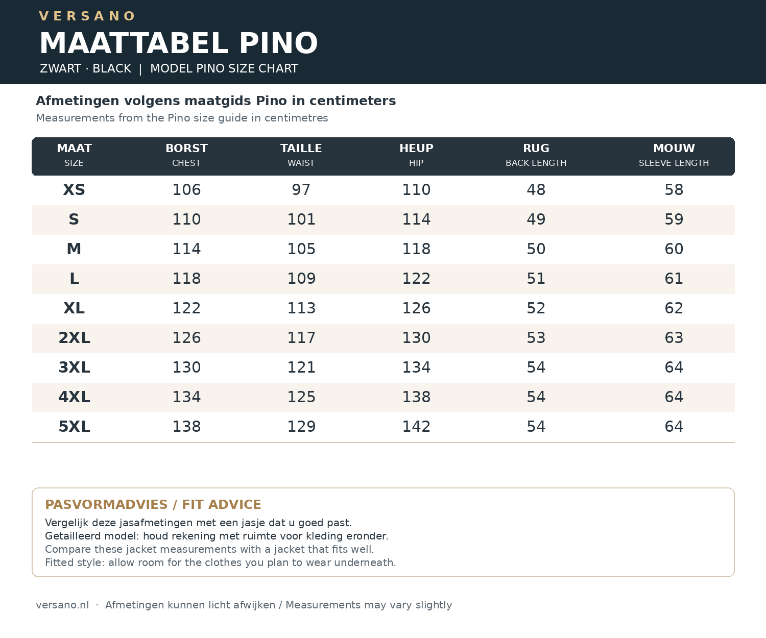 Maattabel Pino zwart met borst, taille, heup, rug en mouw in centimeters