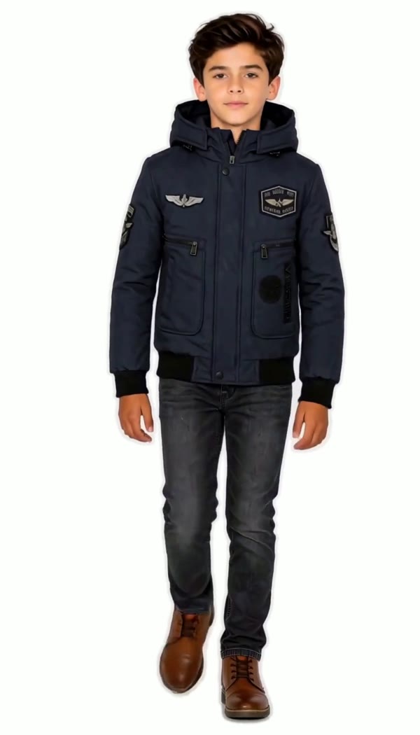 Productvideo van de blauwe Levi pilot winterjas voor jongens van Versano, zonder bontkraag