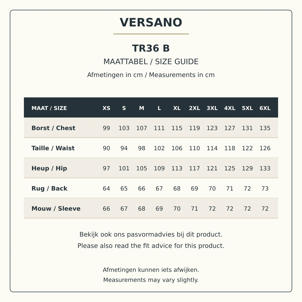 Maattabel TR36 B, XS tot en met 6XL, Nederlands en Engels.