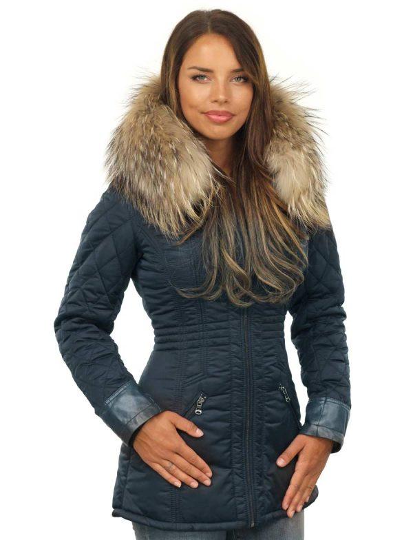 ladies winter jacket with fur, ladies fur collar jacket blue Parka ladies 2 pocket winter jacket blue with fur collar