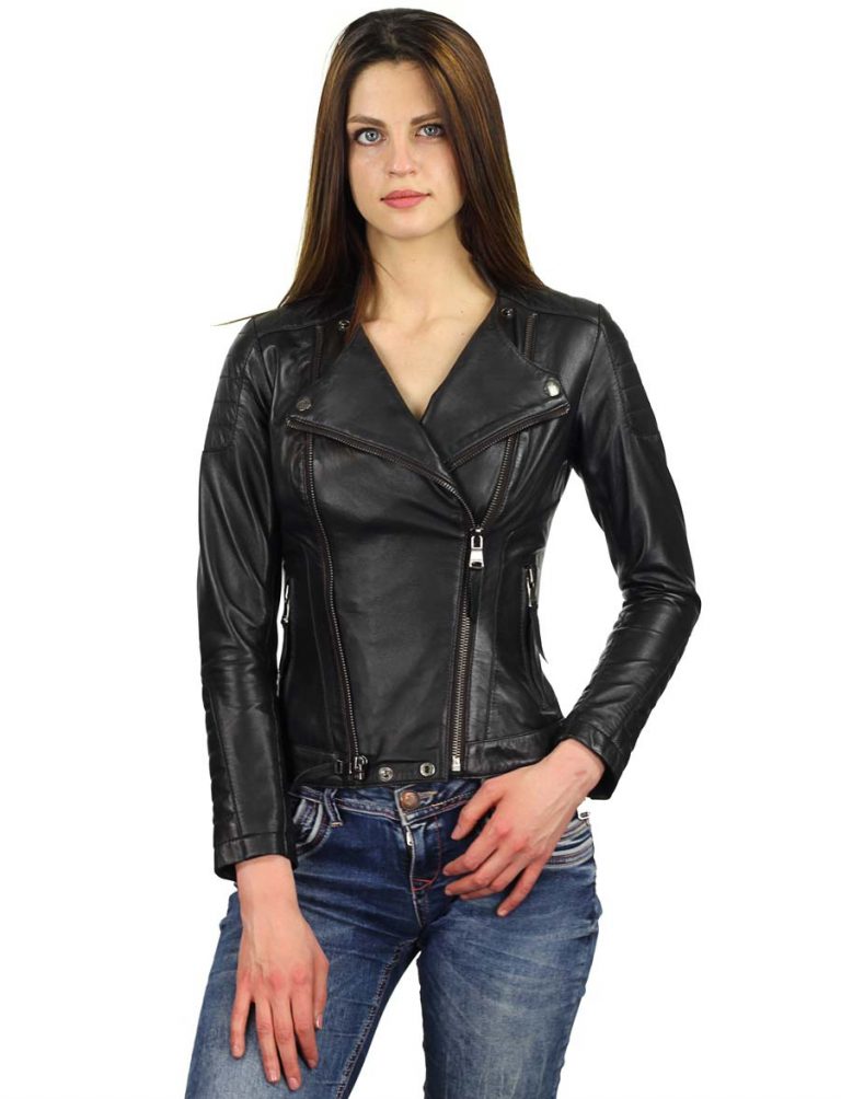 Leather ladies biker jacket 360 black Versano