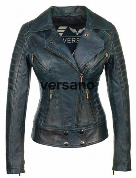 leren dames biker jas blauw Versano