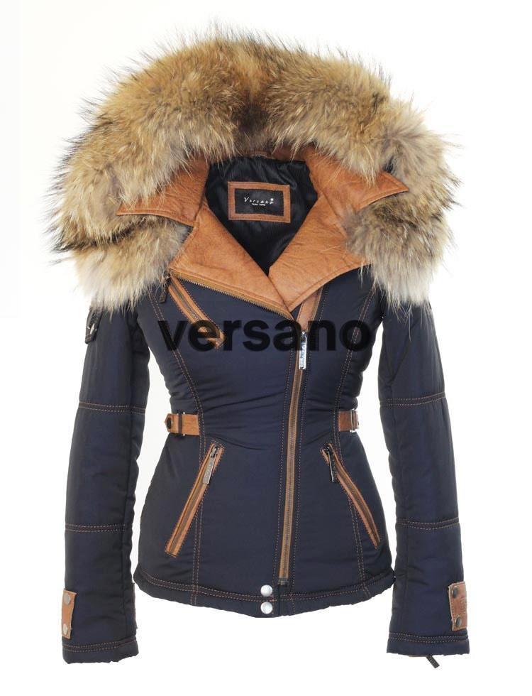 Flash verkorten Plak opnieuw Blauwe dames jas met bontkraag van Versano, dames mantel met pels