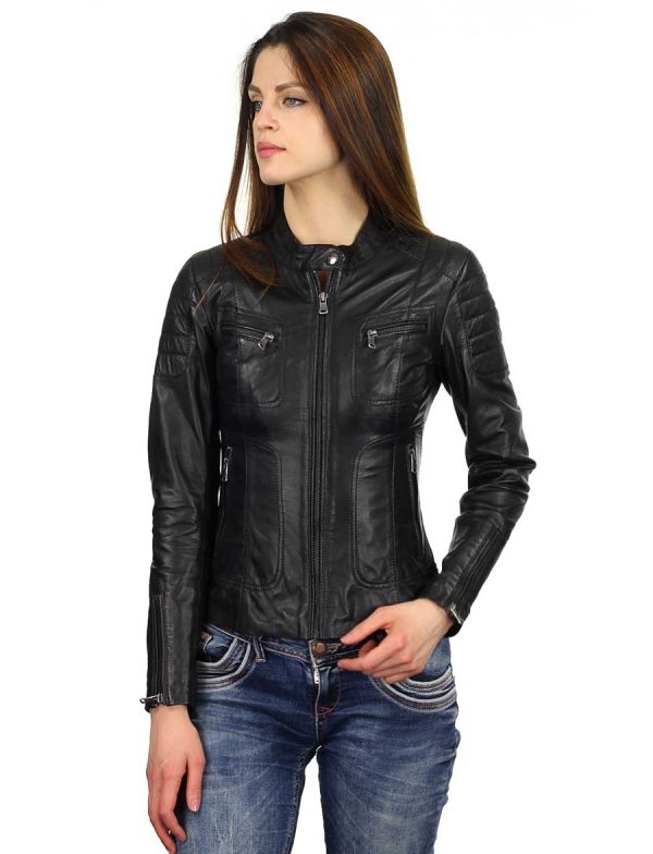 Leather ladies jacket biker Miami black Versano