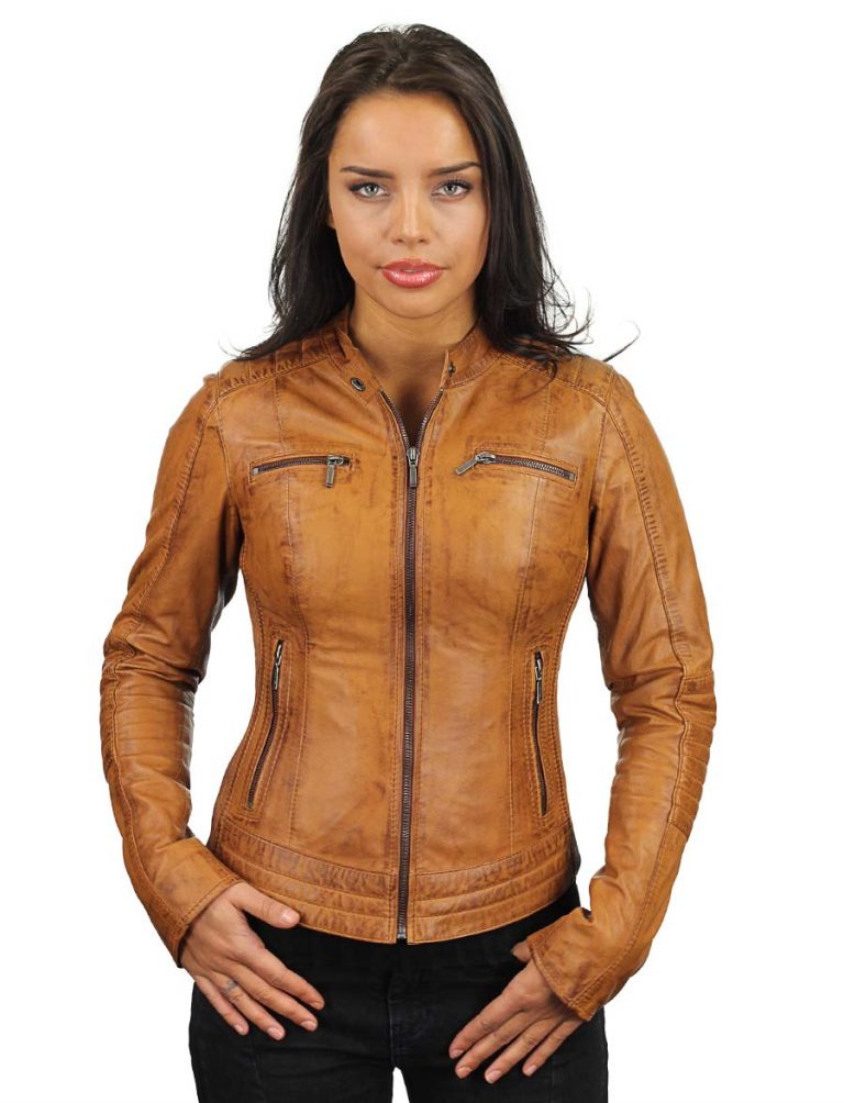 Leather biker jacket ladies 346 cognac Versano